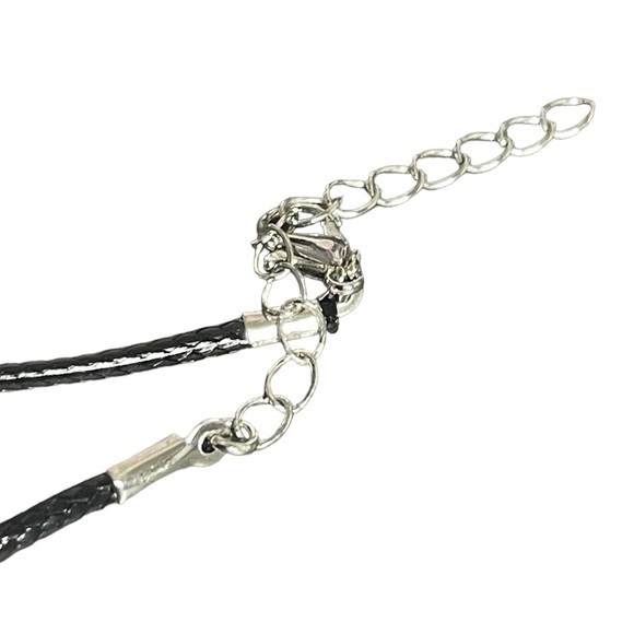Handmade stamped floral silver pendant adjustable black leather cord necklace - Picture 3 of 7